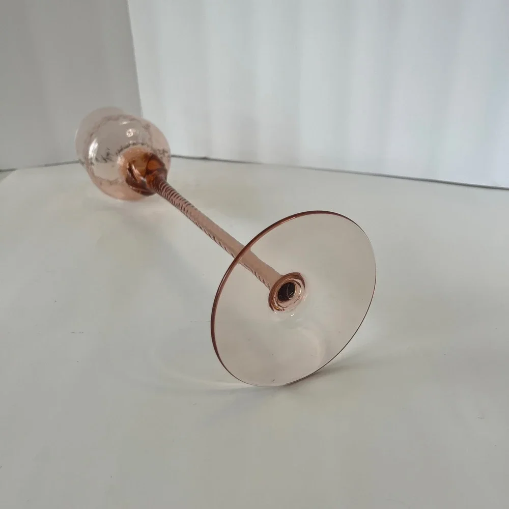 Vintage Pink Hand Blown Glass Tall Twisted Stem Tulip Candle Holder‎ 15.5 Inch